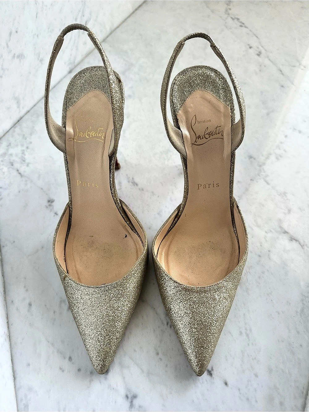 Christian Louboutin Gold Glitter Pointed-Toe Slingback Heels 38.5